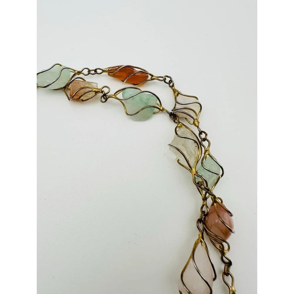 Vintage Beaded Necklace Caged Polished Gemstone Gold Tone 30”semiprecious Wire